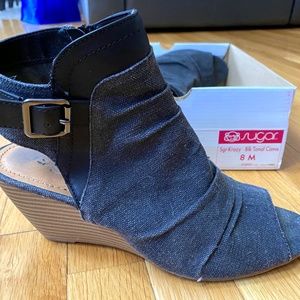 SUGAR Women Krazy Peep Toe Canvas Blk Denim Wedge
